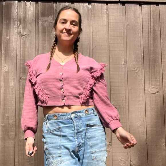 Saylor Cropped Fringe Cardigan Rose Pink Boho Button Front Size M - Picture 5 of 13